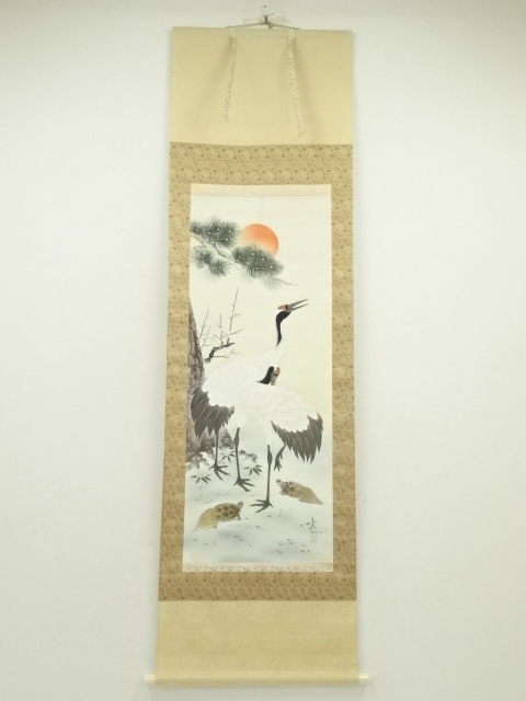 JAPANESE HANGING SCROLL / HAND PAINTED / CRANE & TURTLE